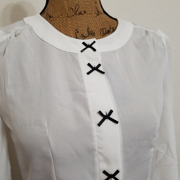 White long sleeve blouse with black bows Semi-Sheer Size Small/Medium - Picture 5 of 7